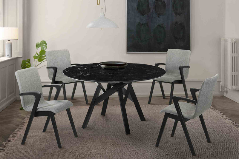 Venus 54" Round Mid-Century Modern Black Marble Dining Table with Black Wood Legs - Furniture City (CA)l