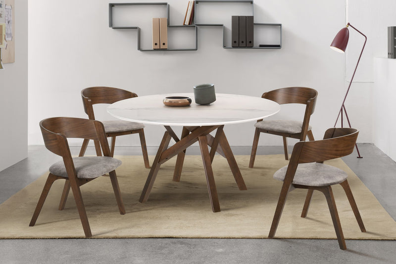 Venus 54" Round Mid-Century Modern White Marble Dining Table with Walnut Wood Legs - Furniture City (CA)l