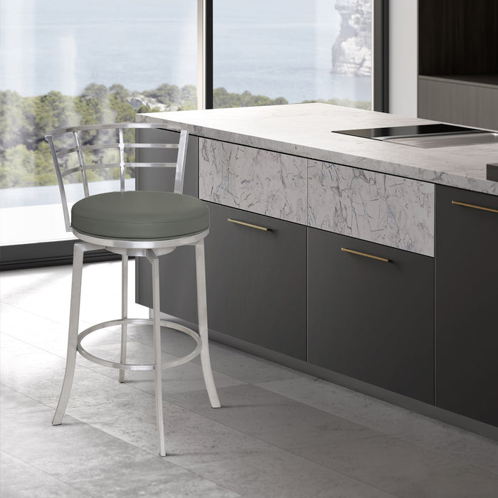 Viper 26" Counter Height Swivel Gray Faux Leather and Brushed Stainless Steel Bar Stool