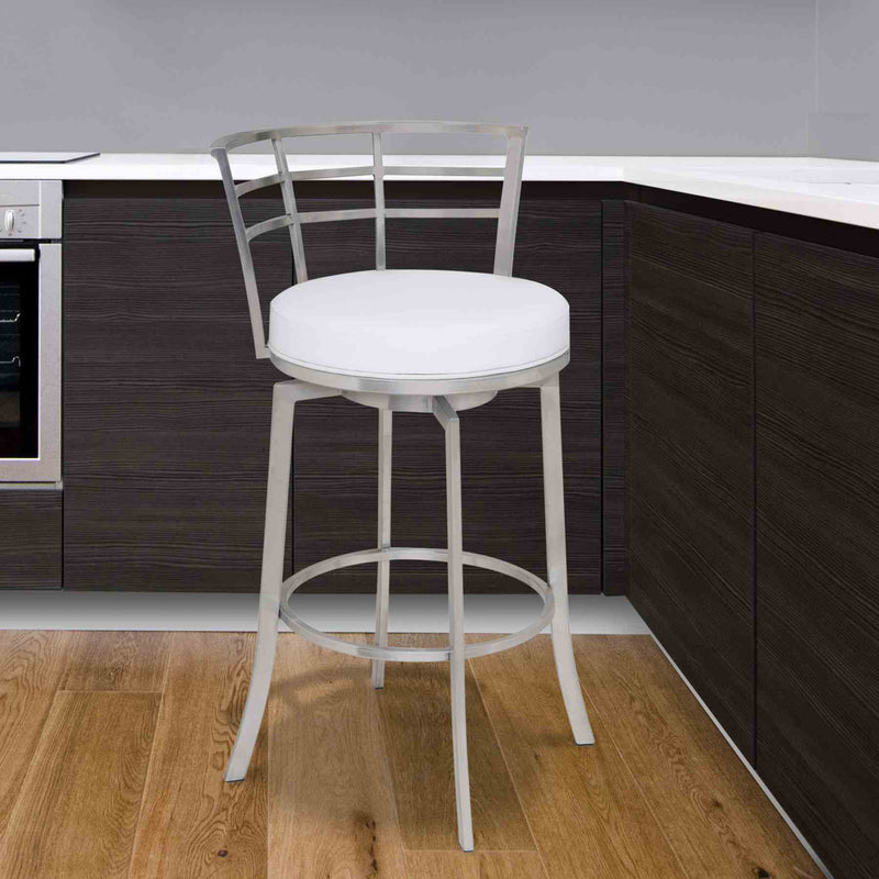 Viper 26" Counter Height Swivel White Faux Leather and Brushed Stainless Steel Bar Stool - Furniture City (CA)l