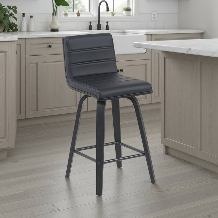 Vienna Modern Counter Height Swivel Bar Stool with Black Faux Leather Seat and Black Brushed Wood Frame