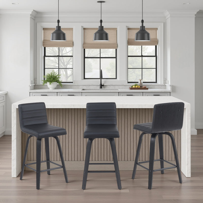 Vienna Modern Counter Height Swivel Bar Stool with Black Faux Leather Seat and Black Brushed Wood Frame - Furniture City (CA)l
