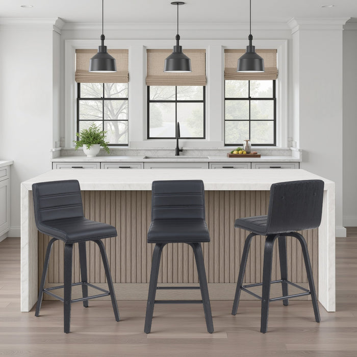 Vienna Modern Counter Height Swivel Bar Stool with Black Faux Leather Seat and Black Brushed Wood Frame
