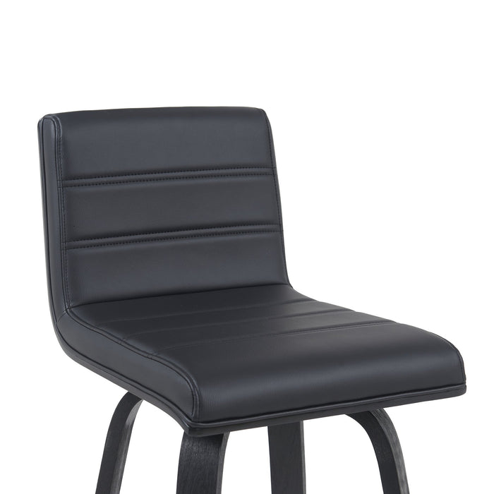 Vienna Modern Swivel Bar Height Stool with Black Faux Leather Seat and Black Brushed Wood Frame