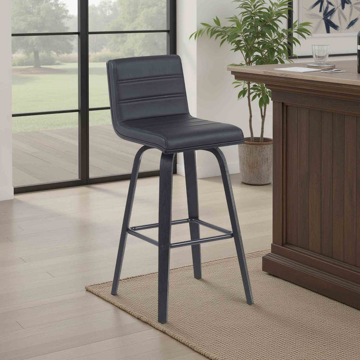 Vienna Modern Swivel Bar Height Stool with Black Faux Leather Seat and Black Brushed Wood Frame