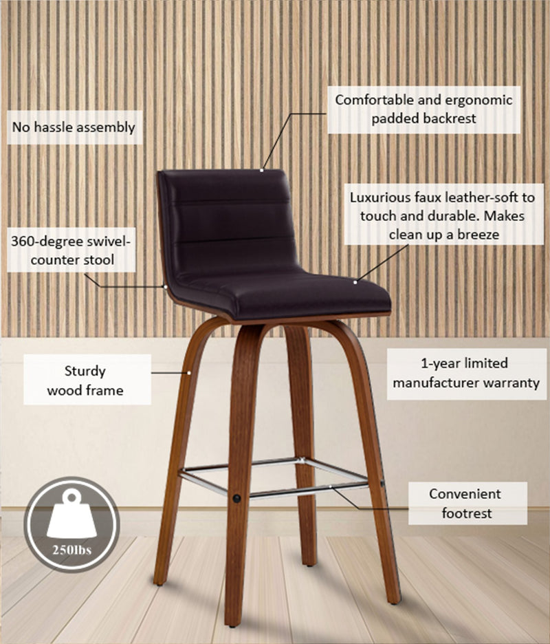 Vienna 26" Swivel Counter Stool in Walnut Wood Finish with Brown Faux Leather - Furniture City (CA)l