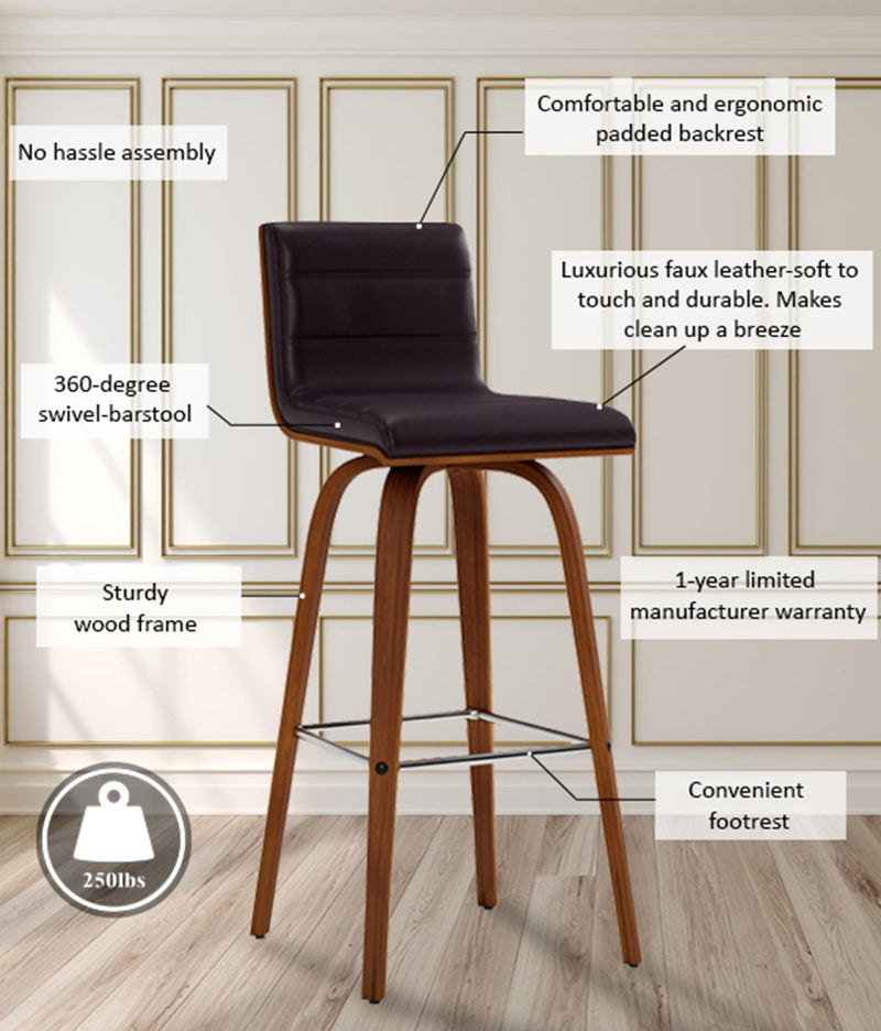 Vienna 30" Swivel Bar Stool in Walnut Wood Finish with Brown Faux Leather - Furniture City (CA)l