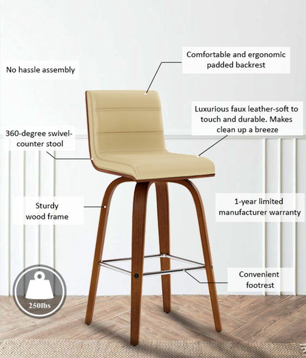 Vienna 26" Swivel Counter Stool in Walnut Wood Finish with Cream Faux Leather