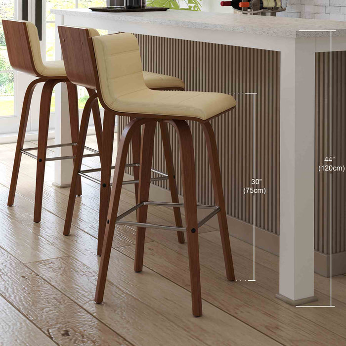 Vienna 30" Swivel Bar Stool in Walnut Wood Finish with Cream Faux Leather