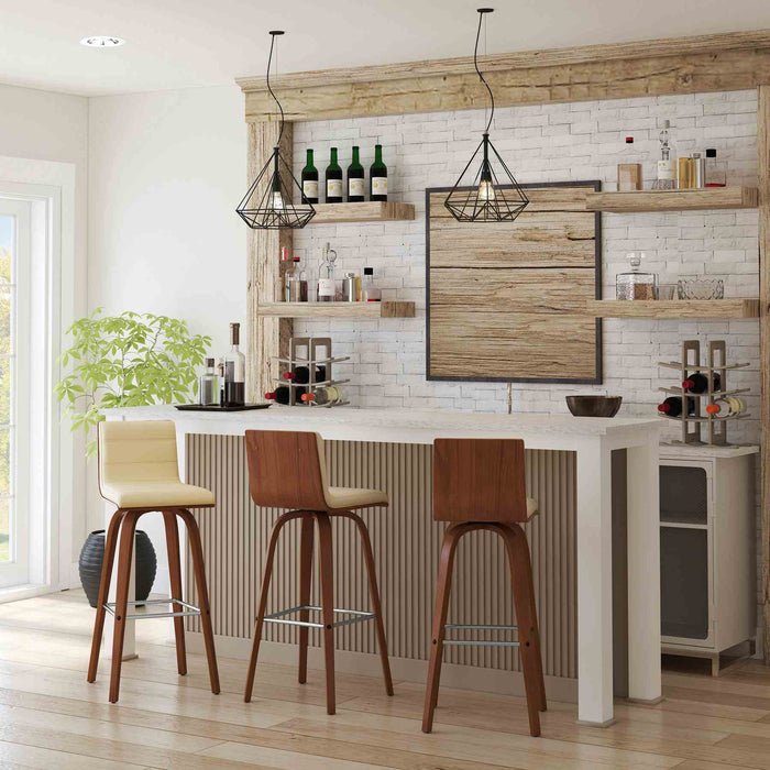 Vienna 30" Swivel Bar Stool in Walnut Wood Finish with Cream Faux Leather