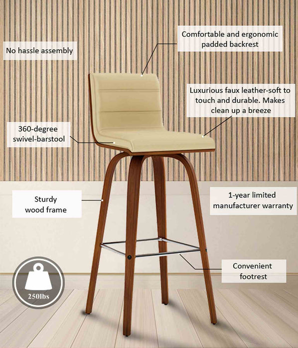 Vienna 30" Swivel Bar Stool in Walnut Wood Finish with Cream Faux Leather