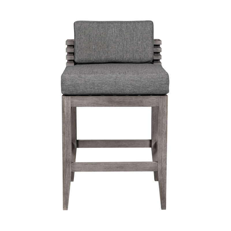 Vivid Outdoor Patio Counter Stool in Gray Eucalyptus Wood with Gray Olefin Cushions - Furniture City (CA)l