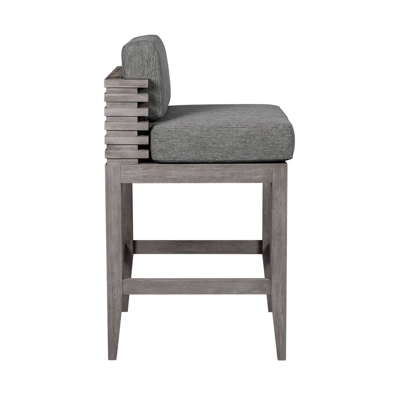 Vivid Outdoor Patio Counter Stool in Gray Eucalyptus Wood with Gray Olefin Cushions - Furniture City (CA)l