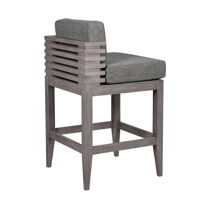 Vivid Outdoor Patio Bar Stool in Gray Eucalyptus Wood with Gray Olefin Cushions