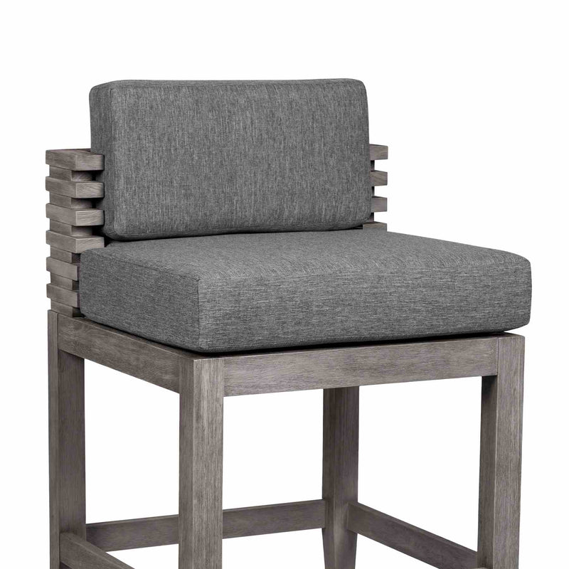 Vivid Outdoor Patio Bar Stool in Gray Eucalyptus Wood with Gray Olefin Cushions - Furniture City (CA)l