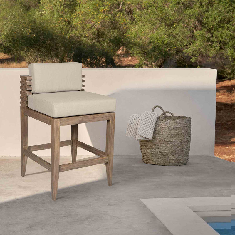 Vivid Outdoor Patio Counter Stool in Light Eucalyptus Wood with Taupe Olefin Cushions - Furniture City (CA)l