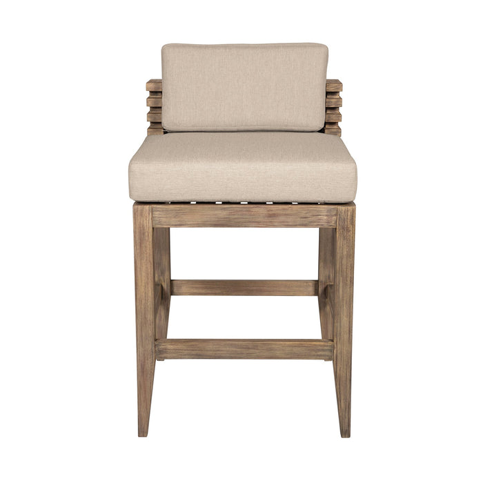 Vivid Outdoor Patio Counter Stool in Light Eucalyptus Wood with Taupe Olefin Cushions