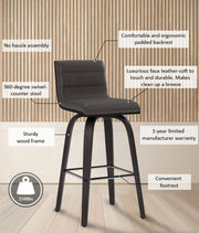 Vienna 26" Swivel Counter Stool in Black Wood Finish with Gray Faux Leather - Furniture City (CA)l