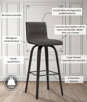 Vienna 30" Swivel Bar Stool in Black Wood Finish with Gray Faux Leather - Furniture City (CA)l