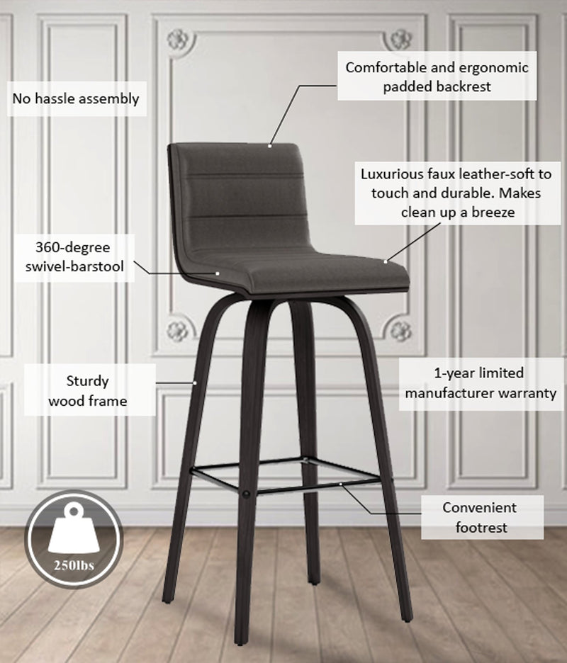 Vienna 30" Swivel Bar Stool in Black Wood Finish with Gray Faux Leather - Furniture City (CA)l