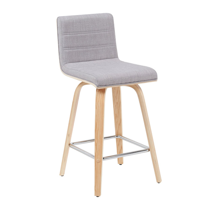Vienna Modern Counter Height Swivel Bar Stool with Grey Upholstered Seat and Patterned Oak Wood Frame