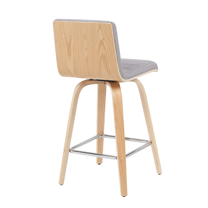 Vienna Modern Counter Height Swivel Bar Stool with Grey Upholstered Seat and Patterned Oak Wood Frame