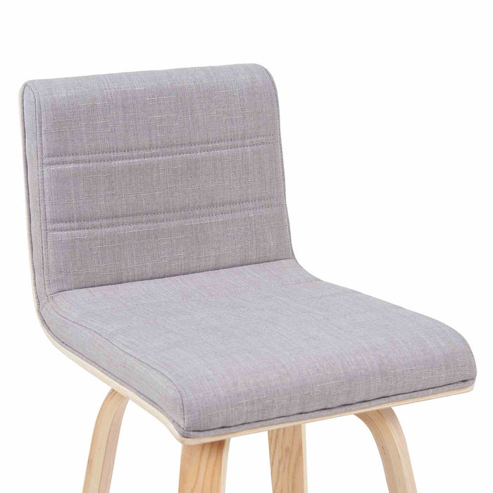 Vienna Modern Counter Height Swivel Bar Stool with Grey Upholstered Seat and Patterned Oak Wood Frame