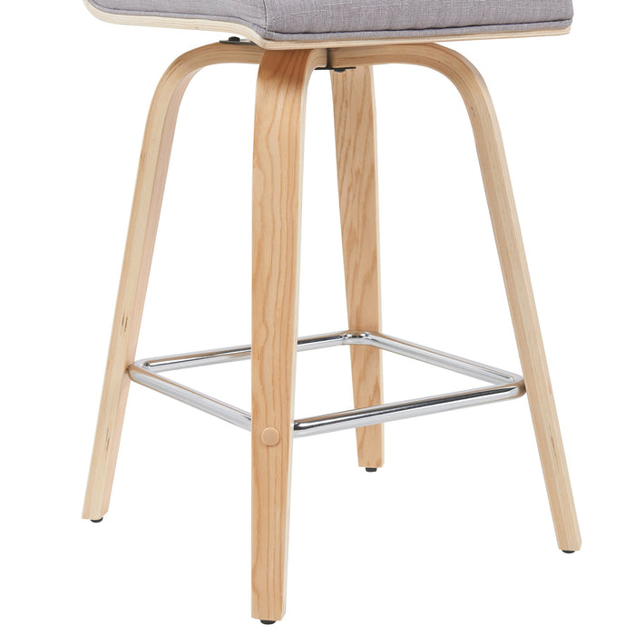 Vienna Modern Counter Height Swivel Bar Stool with Grey Upholstered Seat and Patterned Oak Wood Frame