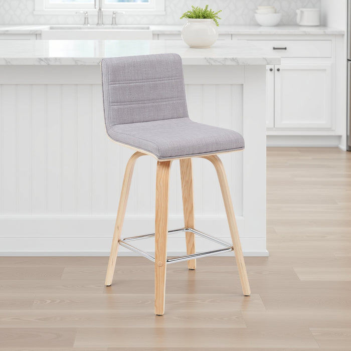 Vienna Modern Counter Height Swivel Bar Stool with Grey Upholstered Seat and Patterned Oak Wood Frame