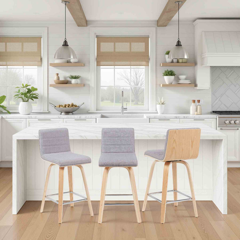 Vienna Modern Counter Height Swivel Bar Stool with Grey Upholstered Seat and Patterned Oak Wood Frame - Furniture City (CA)l