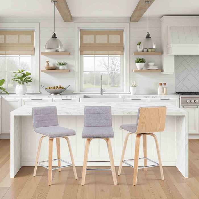 Vienna Modern Counter Height Swivel Bar Stool with Grey Upholstered Seat and Patterned Oak Wood Frame