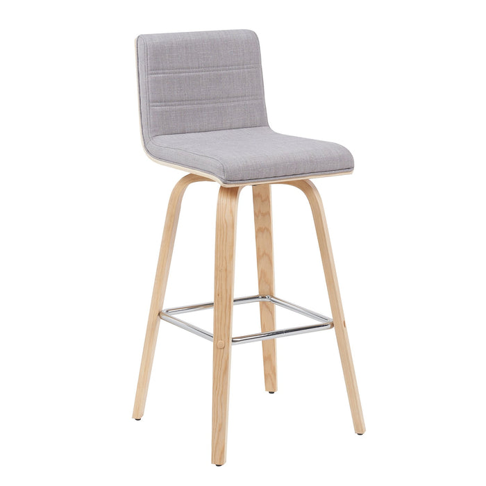 Vienna Modern Swivel Bar Height Stool with Grey Upholstered Seat and Patterned Oak Wood Frame