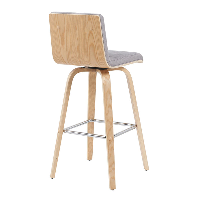 Vienna Modern Swivel Bar Height Stool with Grey Upholstered Seat and Patterned Oak Wood Frame