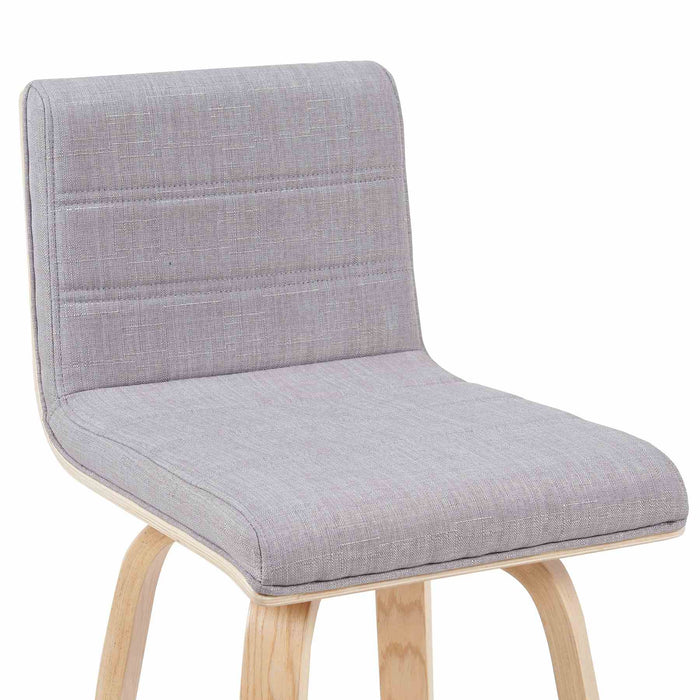 Vienna Modern Swivel Bar Height Stool with Grey Upholstered Seat and Patterned Oak Wood Frame