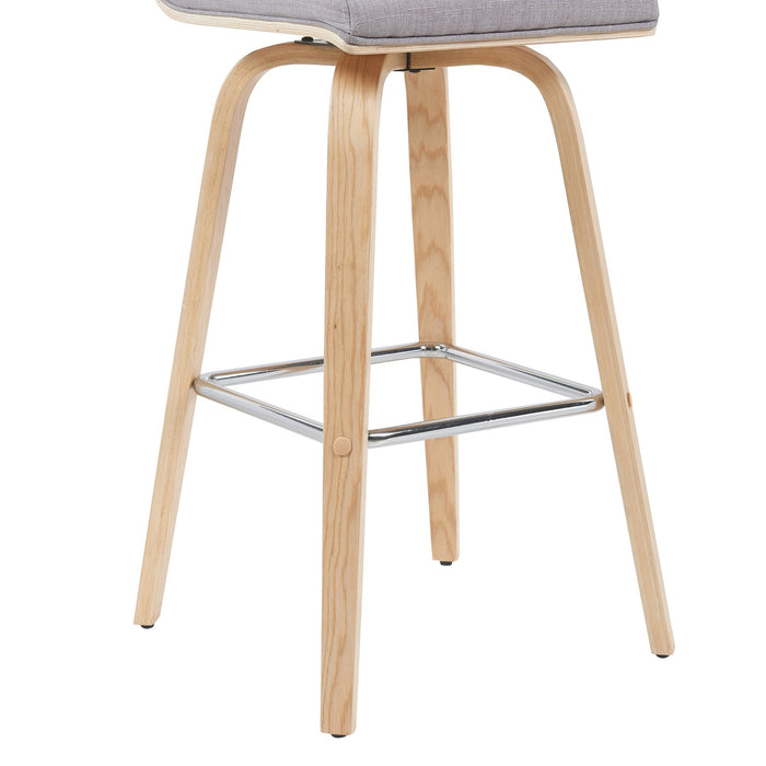 Vienna Modern Swivel Bar Height Stool with Grey Upholstered Seat and Patterned Oak Wood Frame