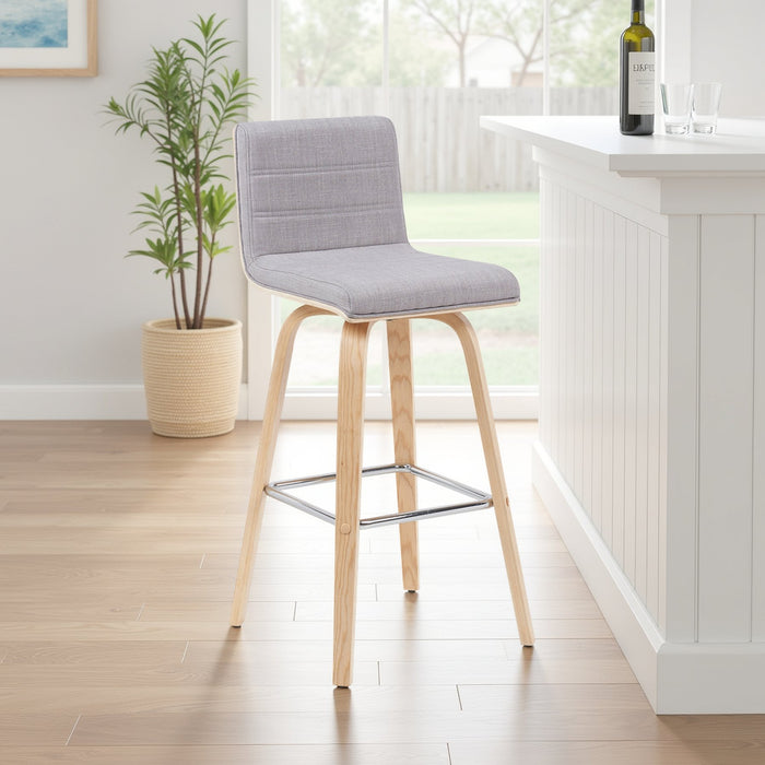 Vienna Modern Swivel Bar Height Stool with Grey Upholstered Seat and Patterned Oak Wood Frame