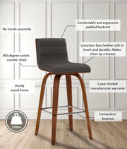 Vienna 26" Swivel Counter Stool in Walnut Wood Finish with Gray Faux Leather - Furniture City (CA)l
