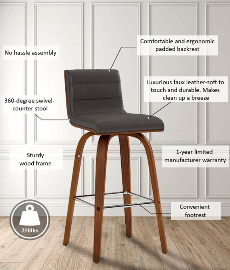 Vienna 26" Swivel Counter Stool in Walnut Wood Finish with Gray Faux Leather - Furniture City (CA)l