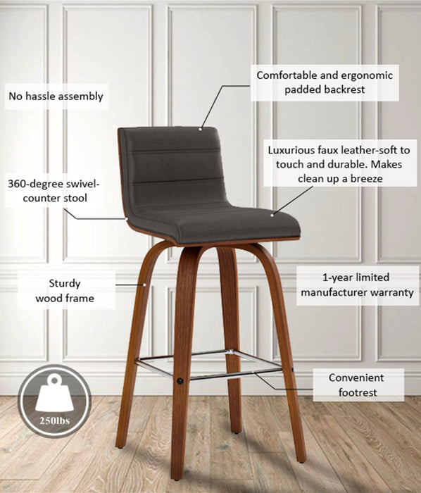 Vienna 26" Swivel Counter Stool in Walnut Wood Finish with Gray Faux Leather