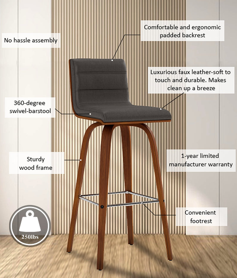 Vienna 30" Swivel Bar Stool in Walnut Wood Finish with Gray Faux Leather - Furniture City (CA)l