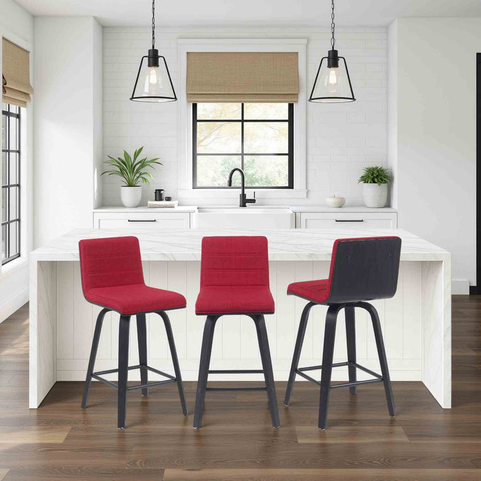 Vienna Modern Counter Height Swivel Bar Stool with Red Upholstered Seat and Brushed Wood Frame