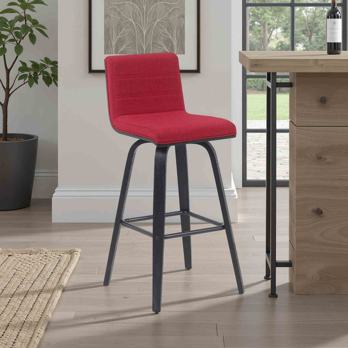 Vienna Modern Swivel Bar Height Stool with Red Upholstered Seat and Brushed Wood Frame