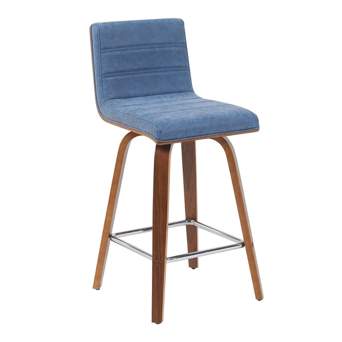 Vienna Modern Counter Height Swivel Bar Stool with Vintage Blue Upholstered Seat and Walnut Finished Wood Frame