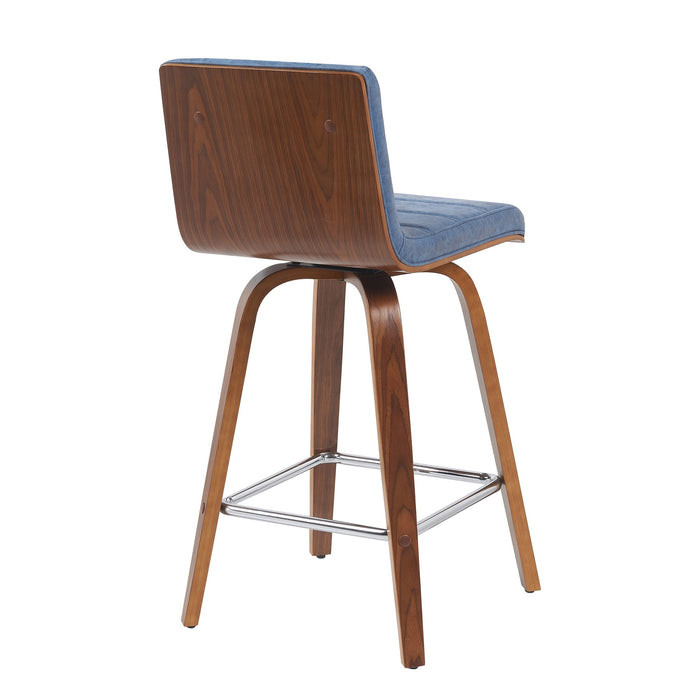 Vienna Modern Counter Height Swivel Bar Stool with Vintage Blue Upholstered Seat and Walnut Finished Wood Frame