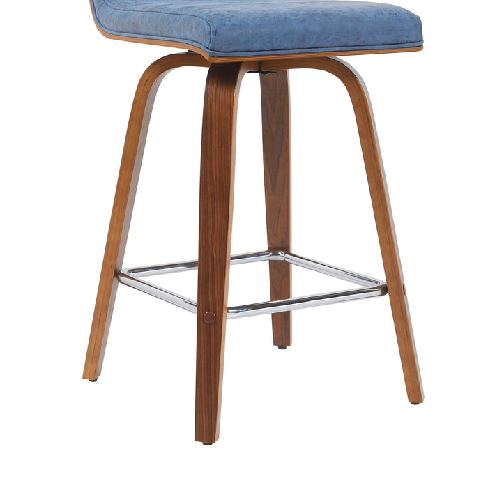 Vienna Modern Counter Height Swivel Bar Stool with Vintage Blue Upholstered Seat and Walnut Finished Wood Frame