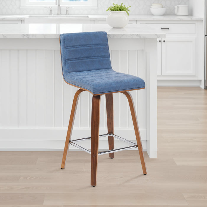 Vienna Modern Counter Height Swivel Bar Stool with Vintage Blue Upholstered Seat and Walnut Finished Wood Frame