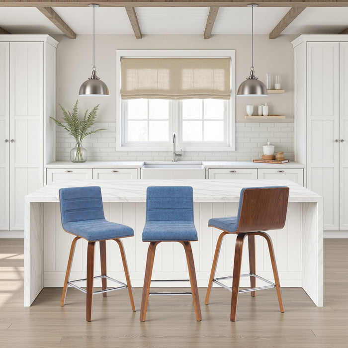 Vienna Modern Counter Height Swivel Bar Stool with Vintage Blue Upholstered Seat and Walnut Finished Wood Frame
