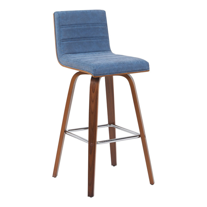 Vienna Modern Swivel Bar Height Stool with Vintage Blue Upholstered Seat and Walnut Finished Wood Frame