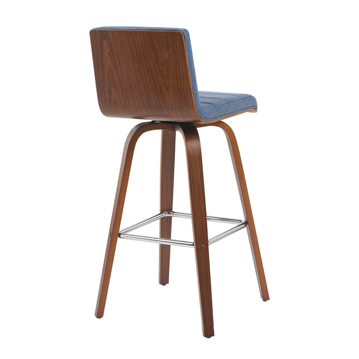 Vienna Modern Swivel Bar Height Stool with Vintage Blue Upholstered Seat and Walnut Finished Wood Frame