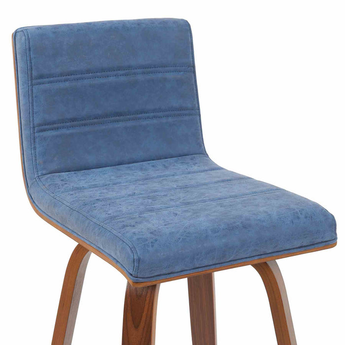 Vienna Modern Swivel Bar Height Stool with Vintage Blue Upholstered Seat and Walnut Finished Wood Frame